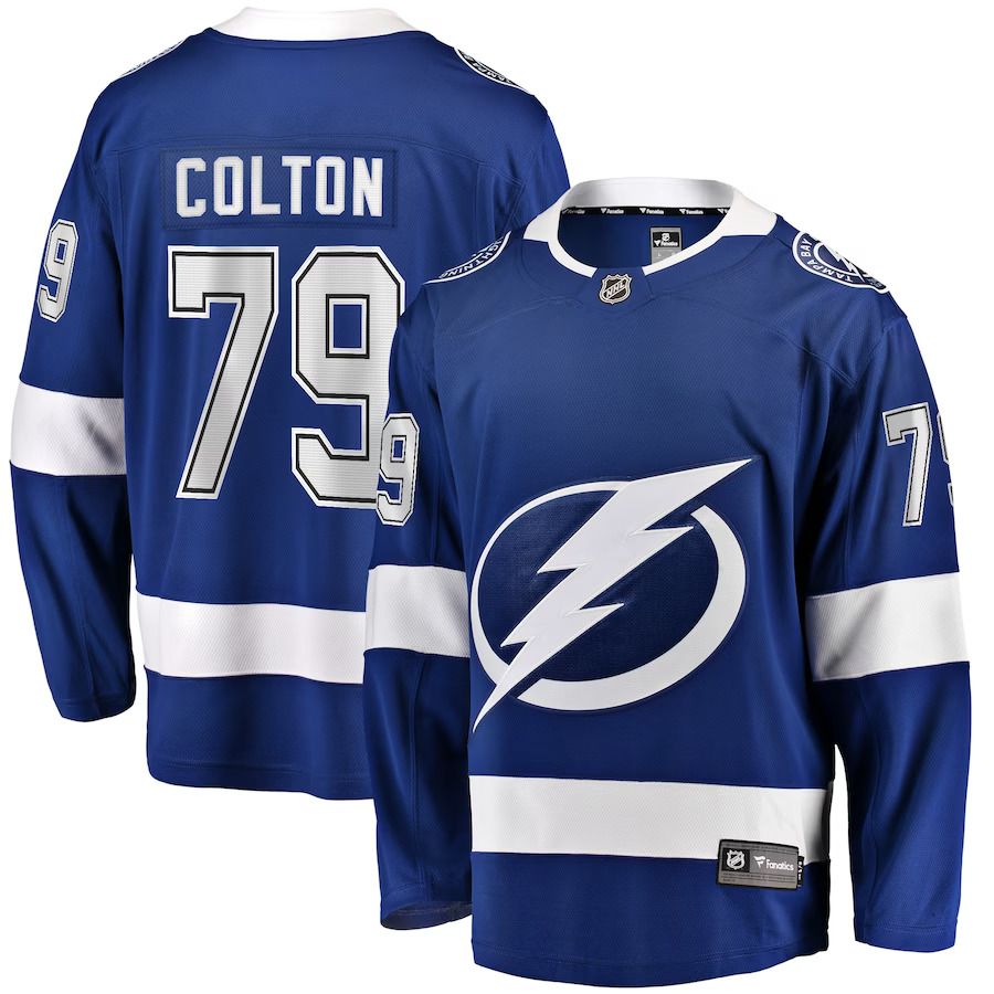 Men Tampa Bay Lightning 79 Ross Colton Fanatics Branded Blue Home Breakaway Player NHL Jersey